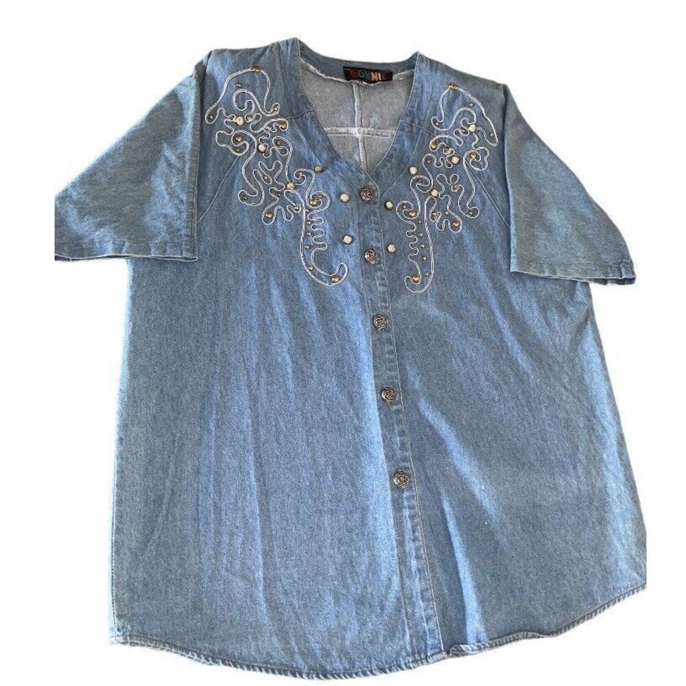 Vintage‎ Bonnie USA Denim Oversized Shirt Boho Artsy Embellished Women’s Medium